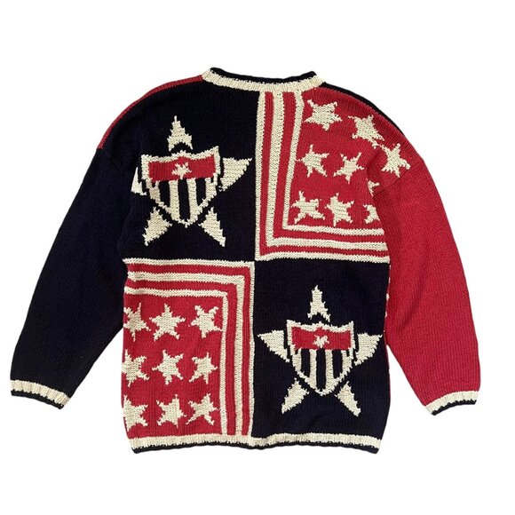 Vintage Jaeger Hand Knit Silk Blend Oversized Stars Stripes Flag Sweater Medium - Picture 2 of 11